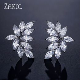 Charm Zakol Fashion Leaf Cubic Zirkon Stud -oorbellen voor vrouwen Shinny Sliver Color Crystal Flower Earring Sieraden Gift Brinco EP2233 230823