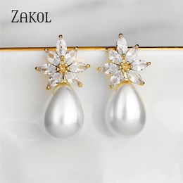 Charme ZAKOL mode perle boucles d'oreilles pour femmes femme luxe AAA cubique zircone feuille fleur cadeaux d'anniversaire EP2861 230829