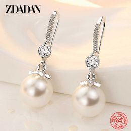 Encanto ZDADAN 925 plata esterlina perla larga CZ cuelga los pendientes para las mujeres compromiso boda elegante accesorios moda pendiente regalo Z0323