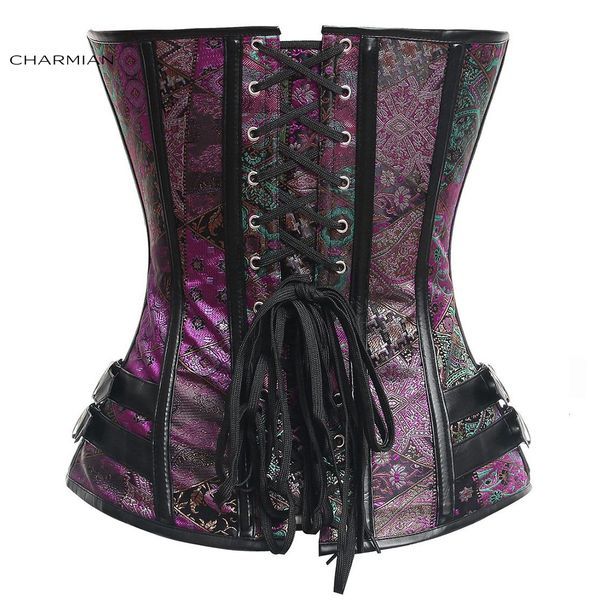 Charmian steampunk corset femme gothique fausse cuir plus taille en acier anosué bustier corset brocade halloween vachets