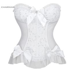 Charmian Women039s Sexy sans bretelles en plastique en plastique blanc Jacquard Bride Bowknot et Ruffle Overbust Corset1450740
