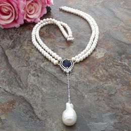 Charmant collier de perles d'eau douce blanches à 2 rangées de 6 à 7 mm, micro incrustation de zircon, accessoires tête de lion, pendentif en perles, long 50 à 53 cm