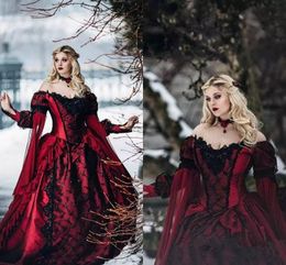 Bella Durmiente princesa Medieval rojo y negro gótico vestido de novia de manga larga Apliques de encaje vestidos de novia victorianos hechos a medida