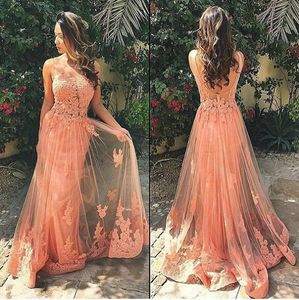 Encanto 2017 Peach Lace Sheer Neck Backless Prom Dresses largo Sexy Appliqued Sheer falda Formal Evenig Party Gowns por encargo EN81810