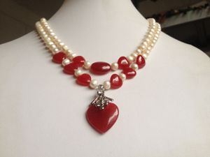 charmant ! 2Rows Blanc Perle Rouge Rubis Coeur Bijoux Collier