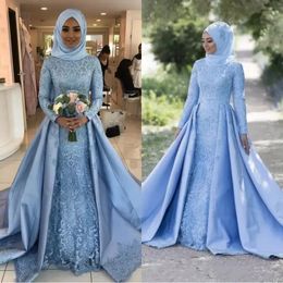 Charme Une Ligne Musulman Manches Longues Robes De Mariée Avec Des Fleurs 3D Appliques Jupe Détachable Robes De Soirée Modest Robes De Mariage