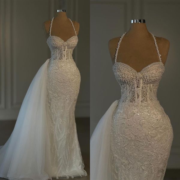 Vestidos de novia con apliques encantadores Vestidos de novia de sirena con cuello en V Perlas de tren desmontables Vestidos sin mangas por encargo delgados De Novia