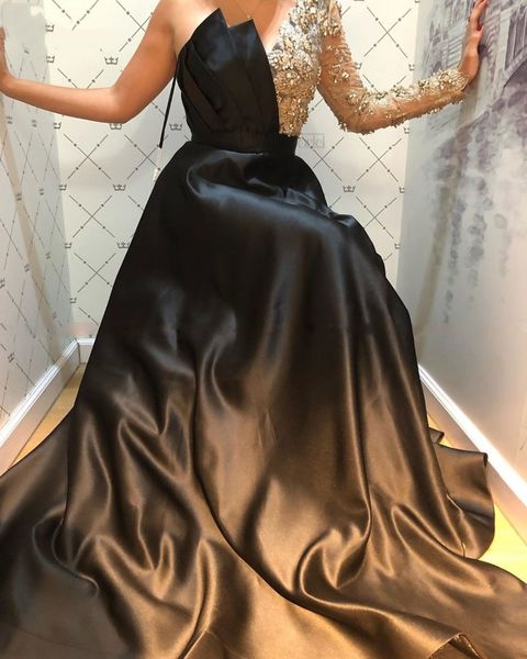 Encantadores vestidos de noche de un hombro en negro y dorado, manga larga, con cuentas, abertura frontal, línea A, Vestidos Formales, vestidos de fiesta formales árabes de Dubai, vestido de fiesta 2022