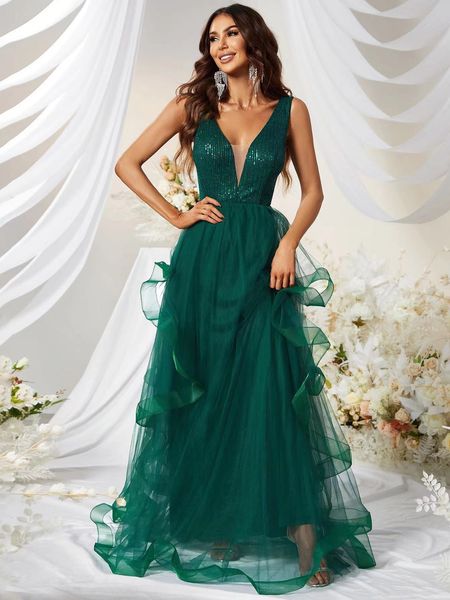 Charme noir vert robe de bal 2023 pour les filles noires paillettes scintillantes licou col en V robes d'anniversaire longue soirée Vestidos femmes fête robe de cocktail multicouche