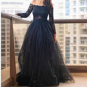 Charmantes robes de bal en dentelle noire 2019 robes de soirée robes de soirée formelles une ligne robe de soirée noire épaule manches longues Tutu jupe en tulle