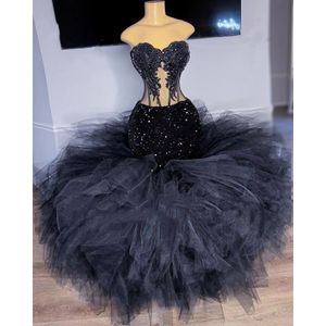 Charmant zwart prom -jurken lieverd lovertjes strapless illusie ruches formele sexy avondjurk Vestido de fiesta