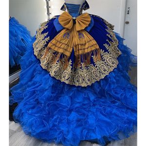 Charmante Blauwe Strapless Quinceanera Jurken Gouden Kant Applicaties Kristallen Tiered Tull Prinses Vestidos Corset Stijl Baljurken