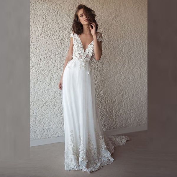 Encantador bohemio, longitud completa, apliques de encaje, vestidos de novia para novia, mangas casquillo, escote en V, vestidos de boda para novia, espalda