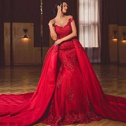 Encantadores vestidos de noche de sirena burdeos con tren desmontable Apliques de encaje Sin mangas Vestido largo para ocasiones formales Corsé con cordones en la espalda Vestido de fiesta elegante y delgado