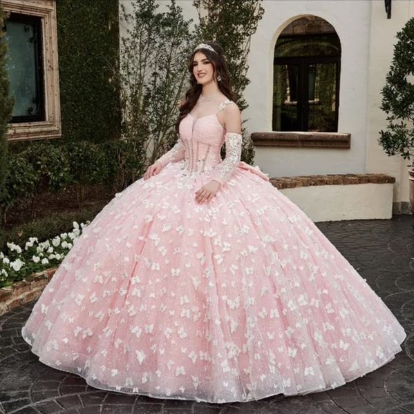 Encantadores Vestidos De quinceañera De mariposa, mangas largas desmontables, dulce 15 vestido De graduación, vestido De baile con purpurina, Vestidos De 16 anos