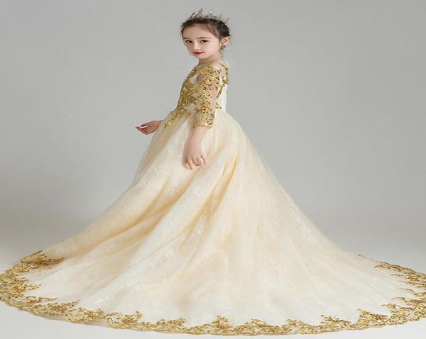 Encantadores vestidos de flores con apliques dorados y champán para niñas039, vestidos de cumpleaños para niñas039, vestido formal para niñas, vestidos festivos 5347389