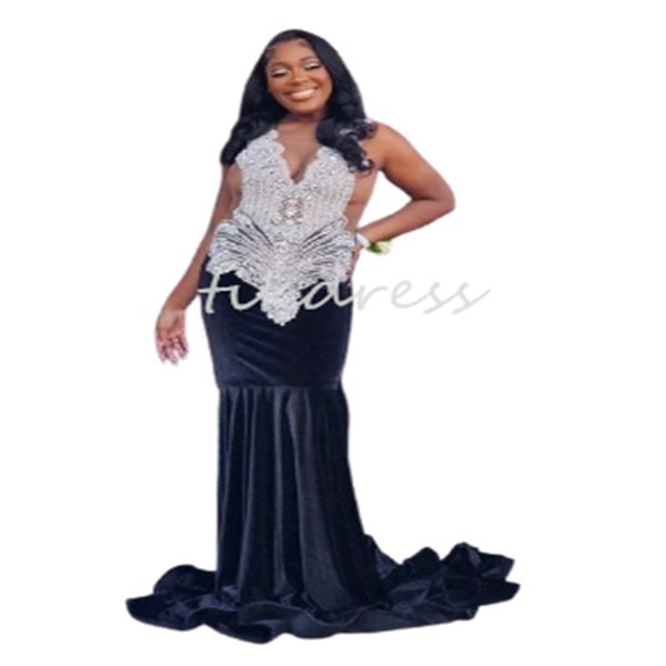 Charmant diamant noirs robes de bal 2024 Sexy o cou sirène africain robe de soirée plus taille en velours spéciale robe perle cristal anniversaire robe de fête formelle