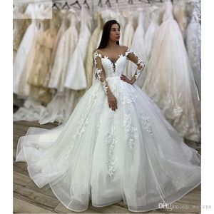 Charmante elegante pure nek trouwjurken witte lange mouw lovertjes tule kanten appliques kralen prinses bruidsjurk vestidos de mariee