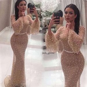 Vestidos de noche encantadores para mujer hojaldre de manga larga perlas o cuello longitud del piso de la sirena vestida de fiesta de fiesta 981