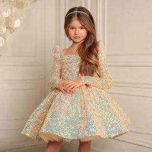 Charming Flowers Girls Dresses Sequin Pleat Square Collar Full Sleeve Zipper Ball Gowns Novia Do 2022 New Party