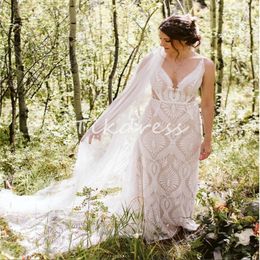 Charmante Fulllace Forest Wedding Jurken 2024 Sexy spaghetti riemen Mermaid Backless Boho Bruid Dress Dream Boheems Country Bridal Jurken Vrouwelijk gewaad de Mariee