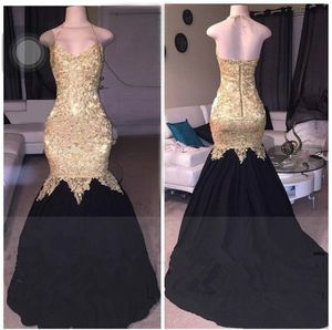 Charmante Gold Applique Halter Mermaid Lange Prom Dresses Pageant Taffeta Mouwloze Afrikaanse Avond Vestido de Noche Formele lange feestjurken