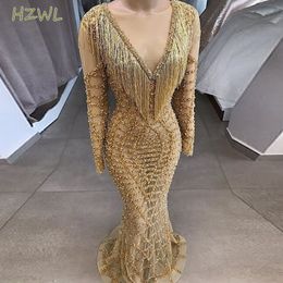 Encantador oro ver a través de vestidos de baile de talla grande cuello transparente mangas largas sirena vestidos de noche Aso Ebi Sexy Robe De Soiree