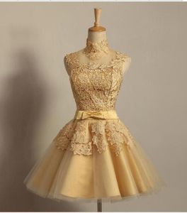 Charmante Homecoming -jurken Gold Lace High Neck Mouwloos met Bow Taille Short Prom Jurk Cocktail Party -jurken7313556
