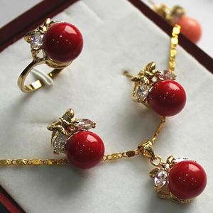 charmante sieraden 10 mm rode schelp parel oorbel ring hanger ketting set