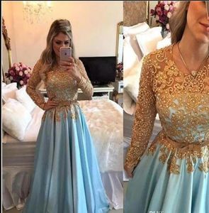 Charmant licht blauw goud kanten avondkoepel jurken met lange mouwen kralen riem Midden -Oosten land prom jurken feestjurk 6369323