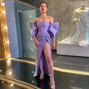 Charmante Mermaid Lila Satijn Avondjurken Off The Shoulder Puff Sleeves Prom Dress 2022 Sexy Slit Side Plooits Dames Speciale Gelegenheid Feestjurken