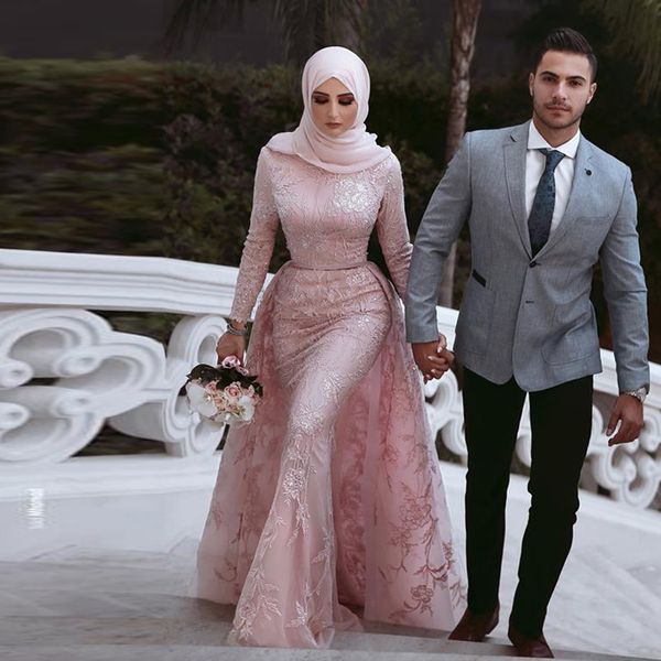 Encantadora sirena musulmana vestidos de noche Hijab apliques de encaje elegantes vestidos para ocasiones especiales de manga larga árabe Oriente Medio vestidos de baile