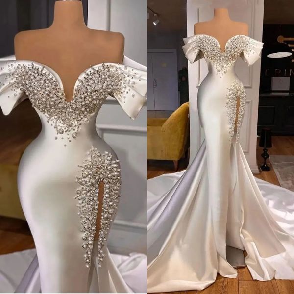 Charmante robe de mariée sirène perles cristal robes de mariée épaules dénudées côté fendu robes de mariée sur mesure Vestido de novia