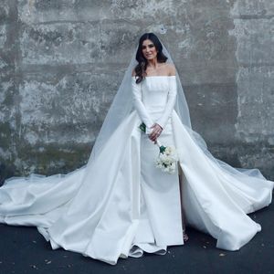 Robes de mariée sirène charmantes robes de mariée fendues sur le côté de l'épaule décolleté avec train détachable satiné grande taille robe de novia
