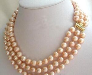 Charmant Natuurlijk 8-9mm Triple Strands Gold Pink Pearl Necklace 17-19inch 14k Gold Clasp