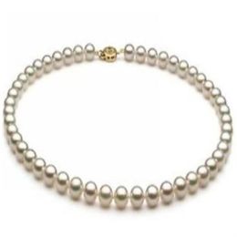 Charmant collier de perles AKoya blanches naturelles, 8-9mm, 18 pouces, fermoir en or 14 carats, 263E