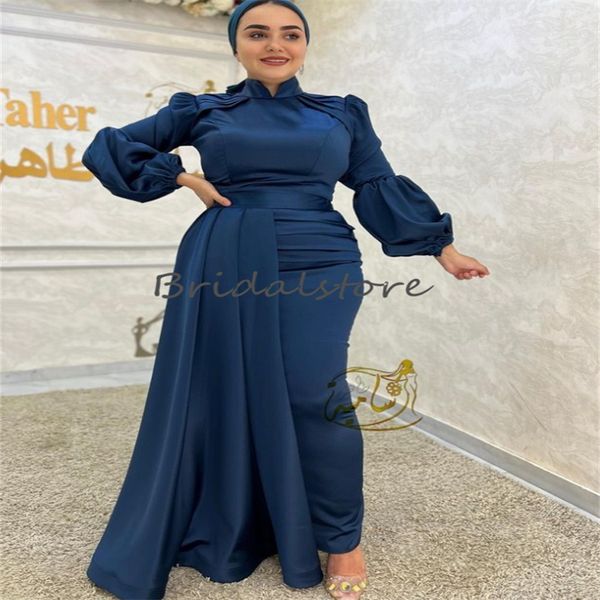 Charmante robe de soirée Abaya bleu marine avec traîne élégante à manches longues robes de bal musulmanes turquie arabe caftan robe de soirée d'anniversaire formelle 2024 vestido gala