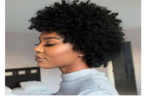 Encantador nuevo peinado suave cabello indio afro afroamericano corta simulación rizada cabello humano peluca natural para mujeres29927045