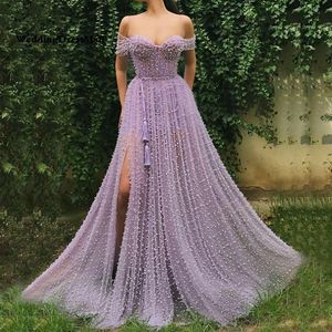 Charmante parels paarse avondjurken uit schouder lange elegante zijmouwen open spleet een lijn prom -jurk 215J