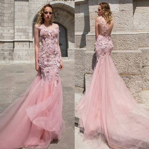 Charmante roze zeemeermin kanten jurken avondkleding pure bateau nek backless prom jurken op maat gemaakte tule 3D appliceerde formele jurk 407