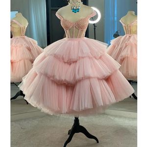 Charmante robe de soirée en tulle rose, effet d'illusion, épaules dénudées, cristal, sur mesure, robe de bal courte, 328 328