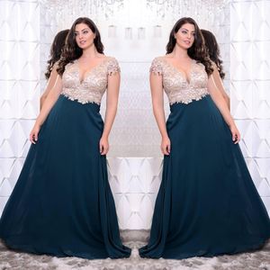 Charmante Plus Size Avondjurken Diepe V-nek Kralen Prom Gowns A-lijn Vloer Lengte Chiffon Applicaties Formele Jurk SD3371