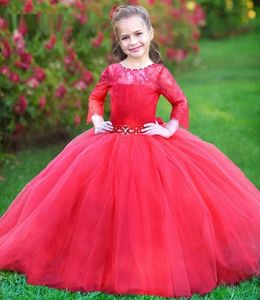 Charmante robe de balle princesse robes pour filles Nouvelle arrivée à manches longues dentelle de dentelle de dentelle de dentelle fleur girl robe Robe rouge gonflée tulle