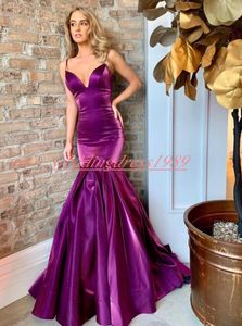 Charme violet sirène robes de soirée robes bretelles spaghetti Satin 2020 pas cher occasion célébrité Robe de soirée￩e bal formel femmes fête