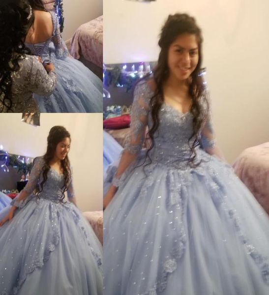 Encantadores vestidos de quinceañera vestido de baile de manga larga de encaje de tul Prom debutante dieciséis 15 dulce 16 vestido vestidos de 15 anos9059900