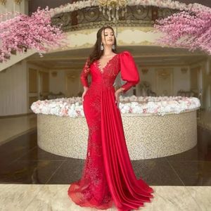 Charmante robe de soirée en dentelle rouge, manches longues bouffantes, style sirène, col rond transparent, dubaï, robes de bal formelles pour femmes, Met Gala, 2024