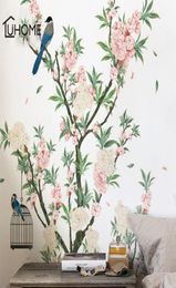 Azul de albaricoque romántico pegatinas de pared de flores para salas de estar de albaricoque pájaros calcomanías de pared dormitorio decoración arte de pared T2001437102