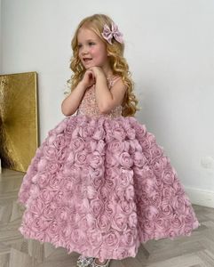 Charmante rose kanten kanten boodmeisjes jurken lovert top baby tutu jurk bow tie bal gwn kleine kinderen eerste heilige communie jurk