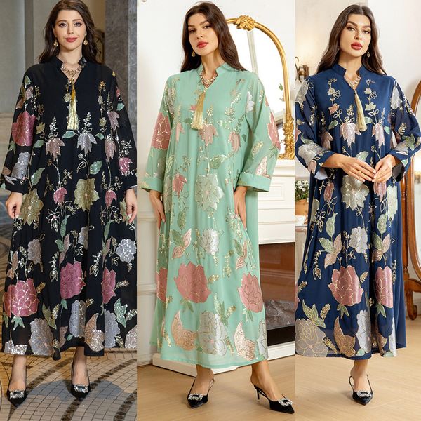 Encantador vestido de noche con estampado de flores y lentejuelas para mujer, bata de Dubái, Abaya de Oriente Medio, ligero, de lujo, de manga larga, elegante vestido de fiesta, ropa árabe