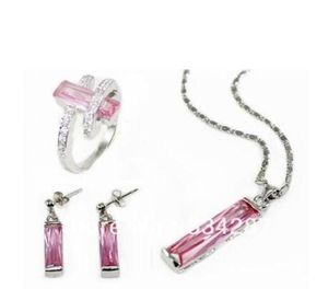 Charmant ensemble de bijoux en Zircon rose, pendentif, boucle d'oreille, bague + chaîne